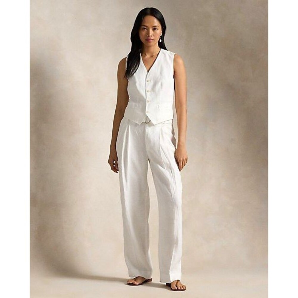 Polo Ralph Lauren 100% Linen White Wide Leg Pants Belt Size 4 Coastal Old Money